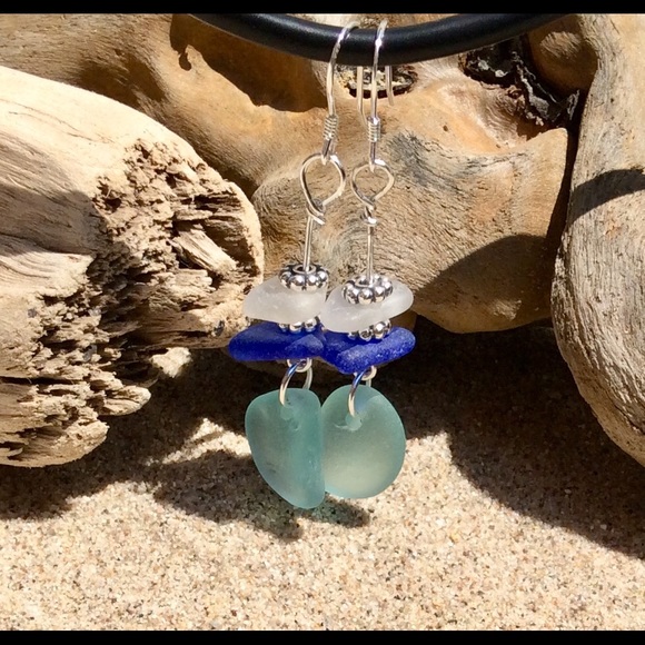 SEAGLASS Aqua Blue, Cobalt Blue & White Earrings - Picture 2 of 2